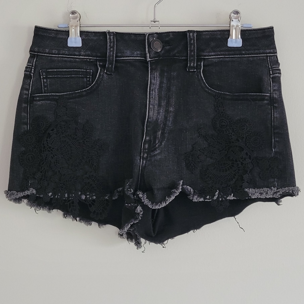 American Eagle Crochet Washed Black Super Stretch‎ High-Rise Shortie 8
